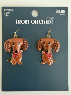 NEW Cute Brown Dachshund Pierced Earrings Glossy Enamel w/Red Sparkle Bandanas
